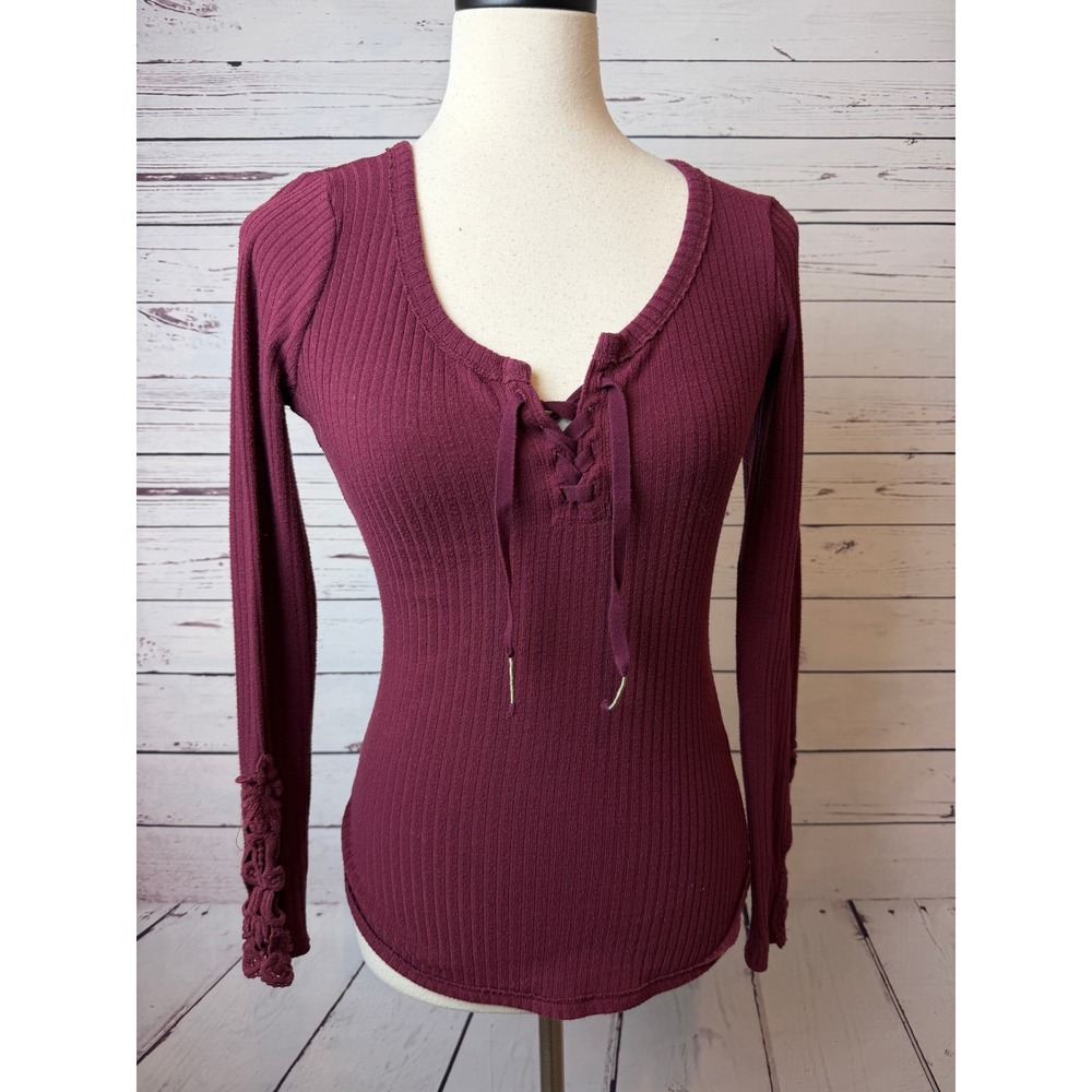Hollister Small Shirt Ribbed Lace Up Crochet Sleeve Womens Y2K 90s 80s Tunic